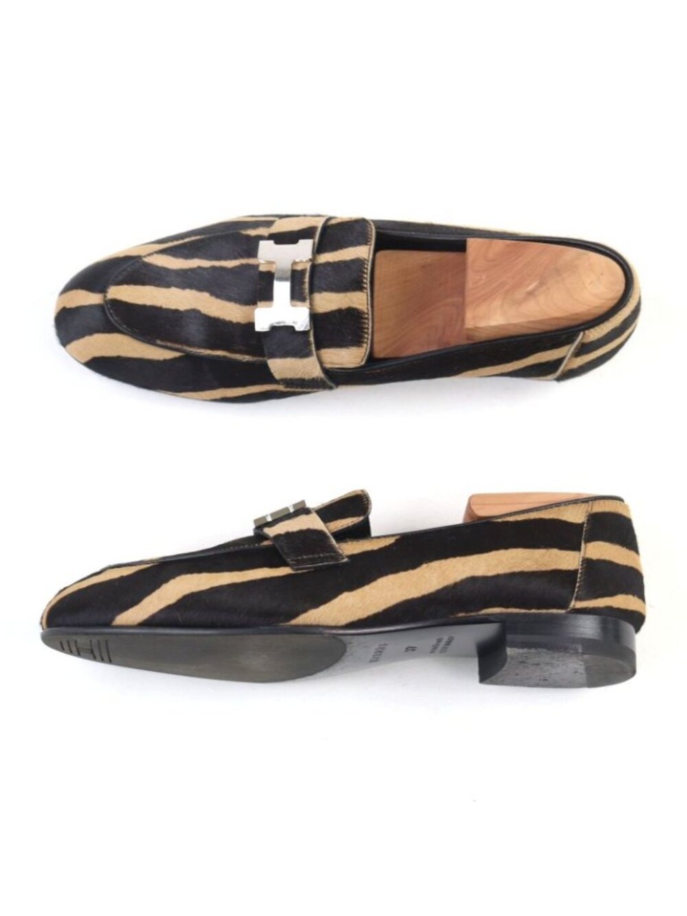 Hermes 2021 Z Halaco H Metal Zebra Pattern Moccasin Loafers Camel Black - Picture 4 of 12